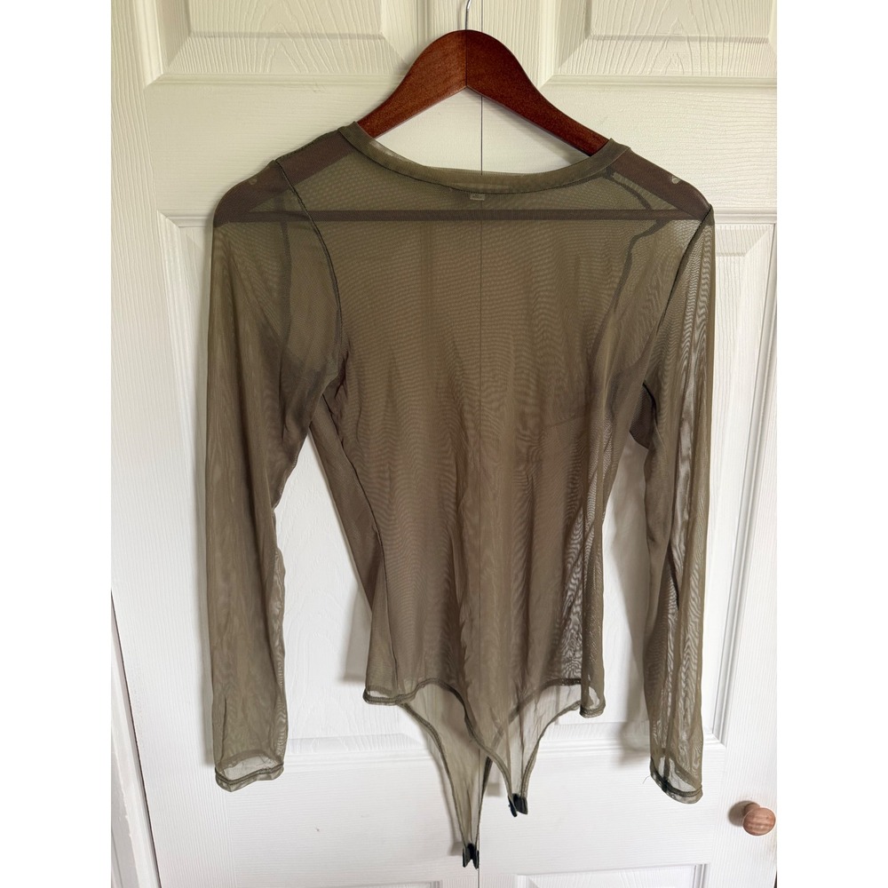 Gaze Olive Green Sheer Mesh Long Sleeve Bodysuit Womens Medium Snap Closure - Picture 2 of 8